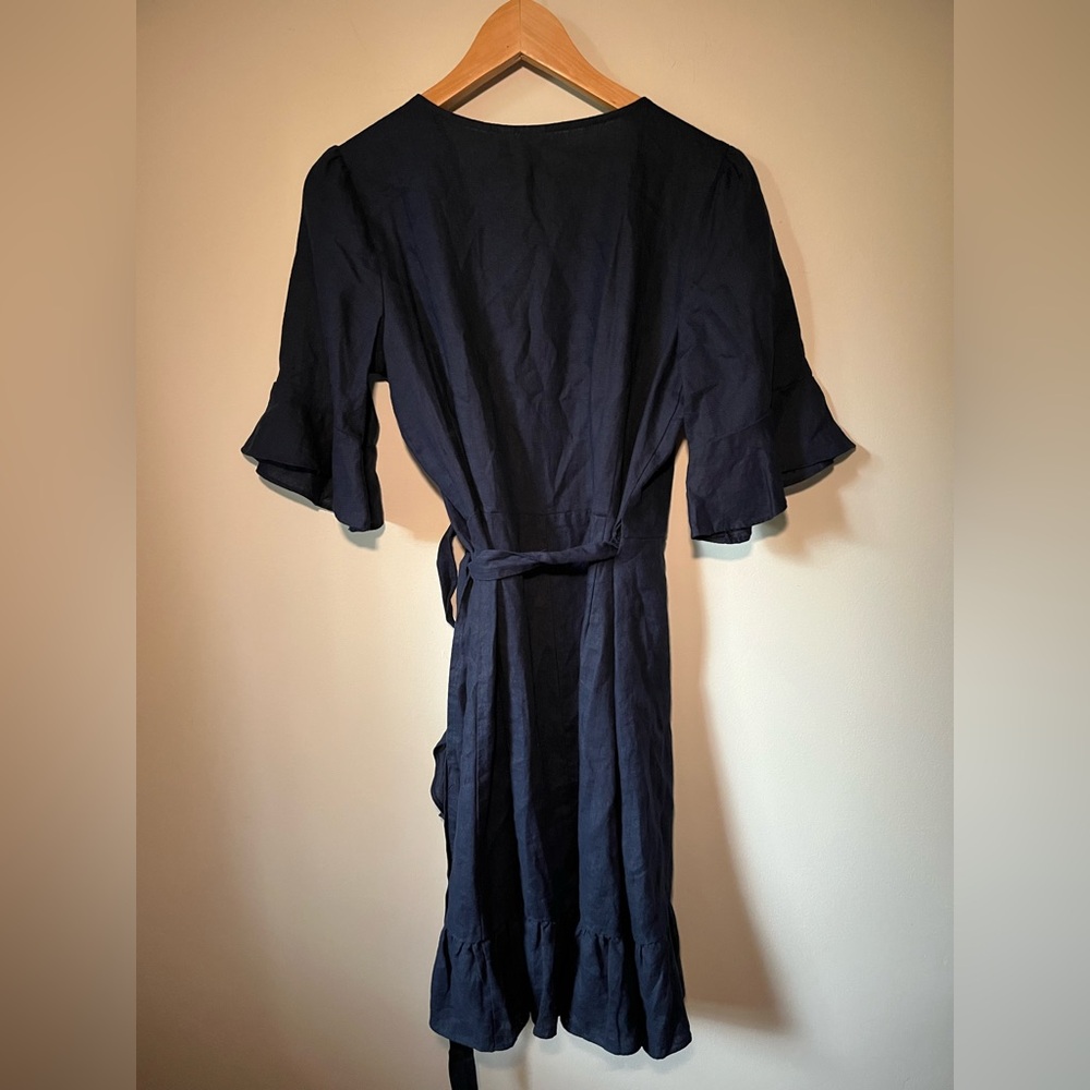 GAP Blue 100% Linen, Ruffled Flutter Sleeve Wrap Sundress Mini - Picture 5 of 6